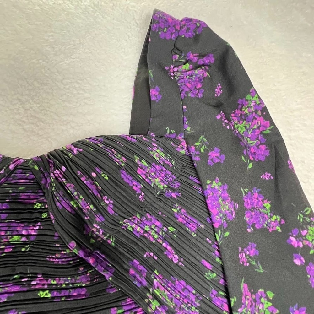 Floral Long Sleeve Mini Dress Sweetheart Neck Black Purple Romantic Size 4 AMUR - Picture 4 of 11